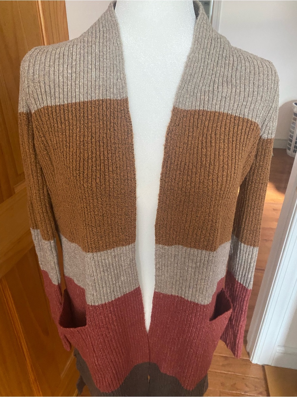 LOFT Long Colorblock Ribbed Open Front Cardigan Sweater Small - Picture 2 of 12